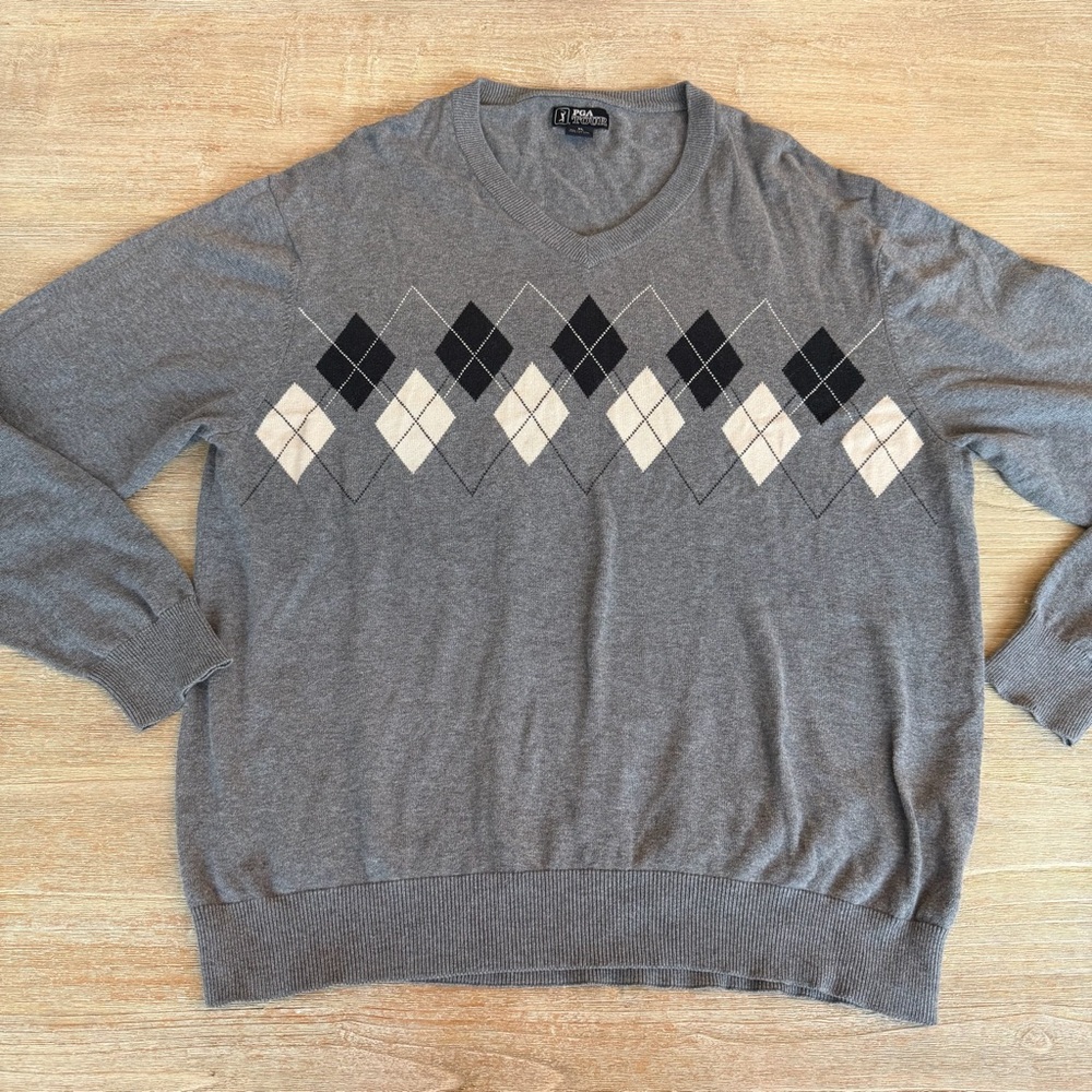 🌱PGA Tour Gray and Black Argyle Sweater Men’s XL 100% Cotton Classic Style